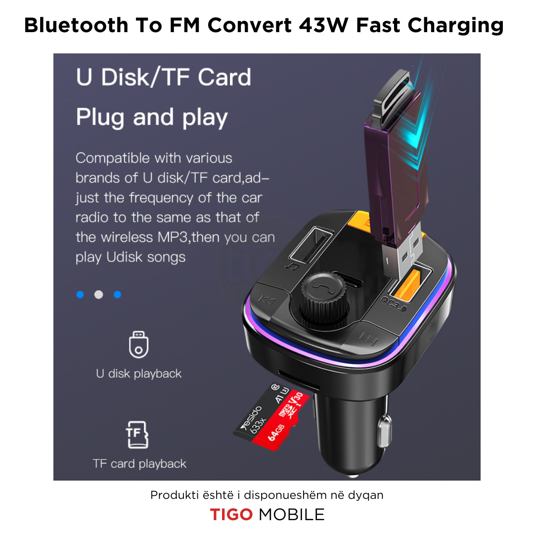 Yesido Y45 – Karikues i Shpejtë për Makina me Bluetooth në FM dhe Drita Neon