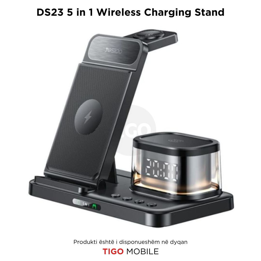 Yesido DS23 – Karikues Wireless 5-në-1 me Orë, Dritë LED dhe Karikim të Shpejtë për Samsung & Pajisje të Tjera