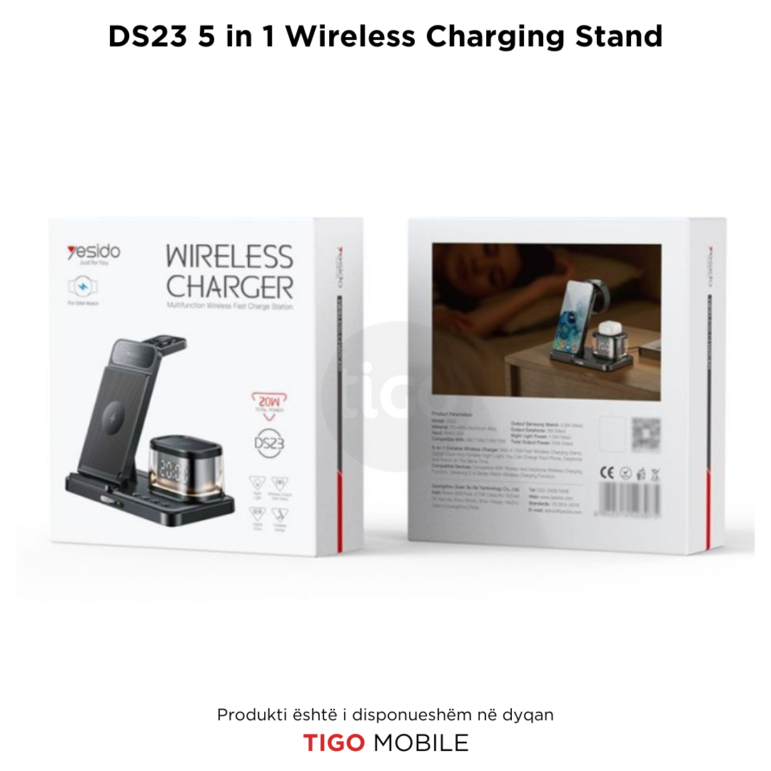 Yesido DS23 – Karikues Wireless 5-në-1 me Orë, Dritë LED dhe Karikim të Shpejtë për Samsung & Pajisje të Tjera