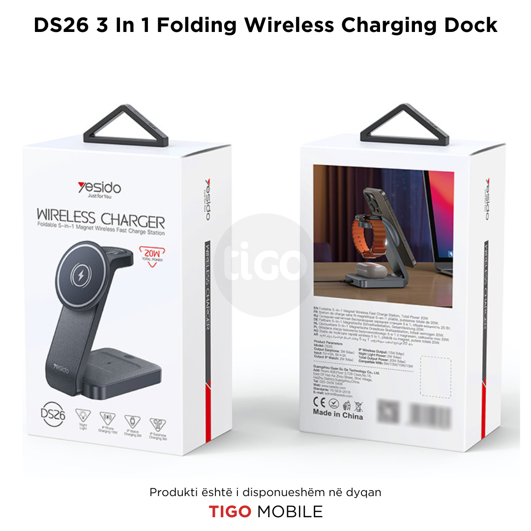 Yesido DS26 – Karikues Wireless 3-në-1 për Telefon, Orë & Kufje me Dritë Nate dhe Dizajn të Palosshëm