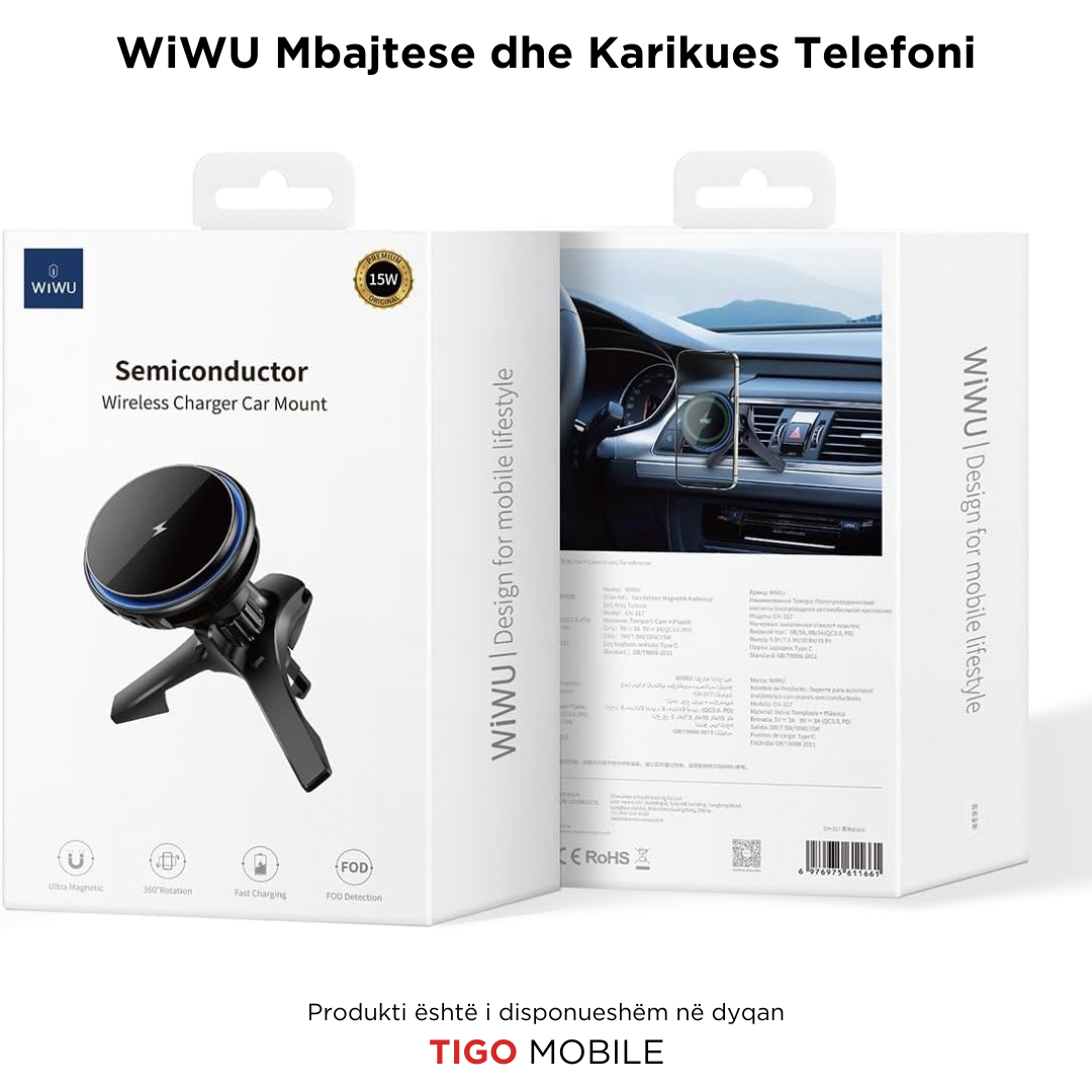 WiWU - Mbajtes dhe Karikues Telefoni - 15W Wireless Charging Car Mount CH-317