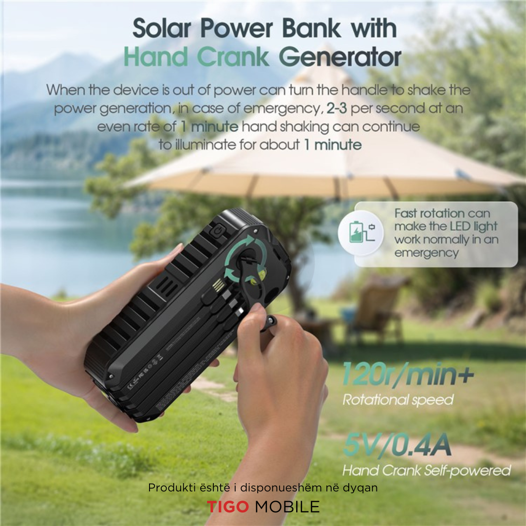 HS-43 Hand Crank Solar Power Bank 20000mAh – Me Drita, Busull dhe Karikim Diellor