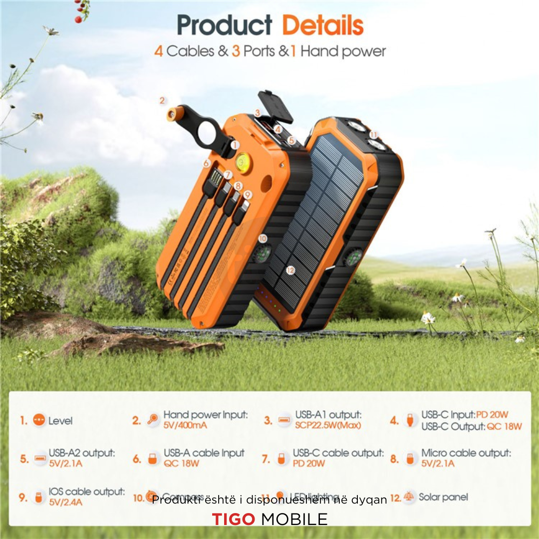 HS-43 Hand Crank Solar Power Bank 20000mAh – Me Drita, Busull dhe Karikim Diellor