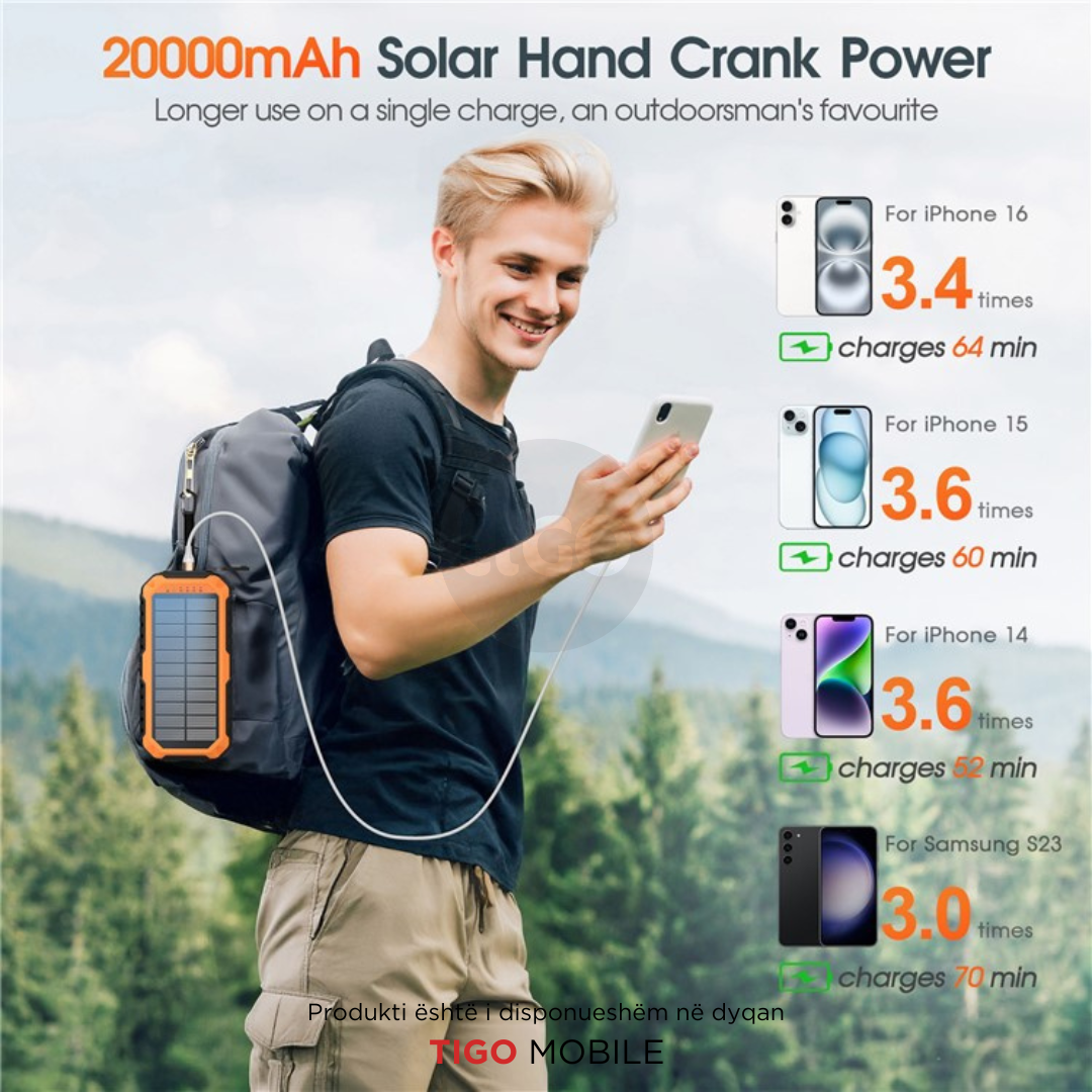 HS-43 Hand Crank Solar Power Bank 20000mAh – Me Drita, Busull dhe Karikim Diellor