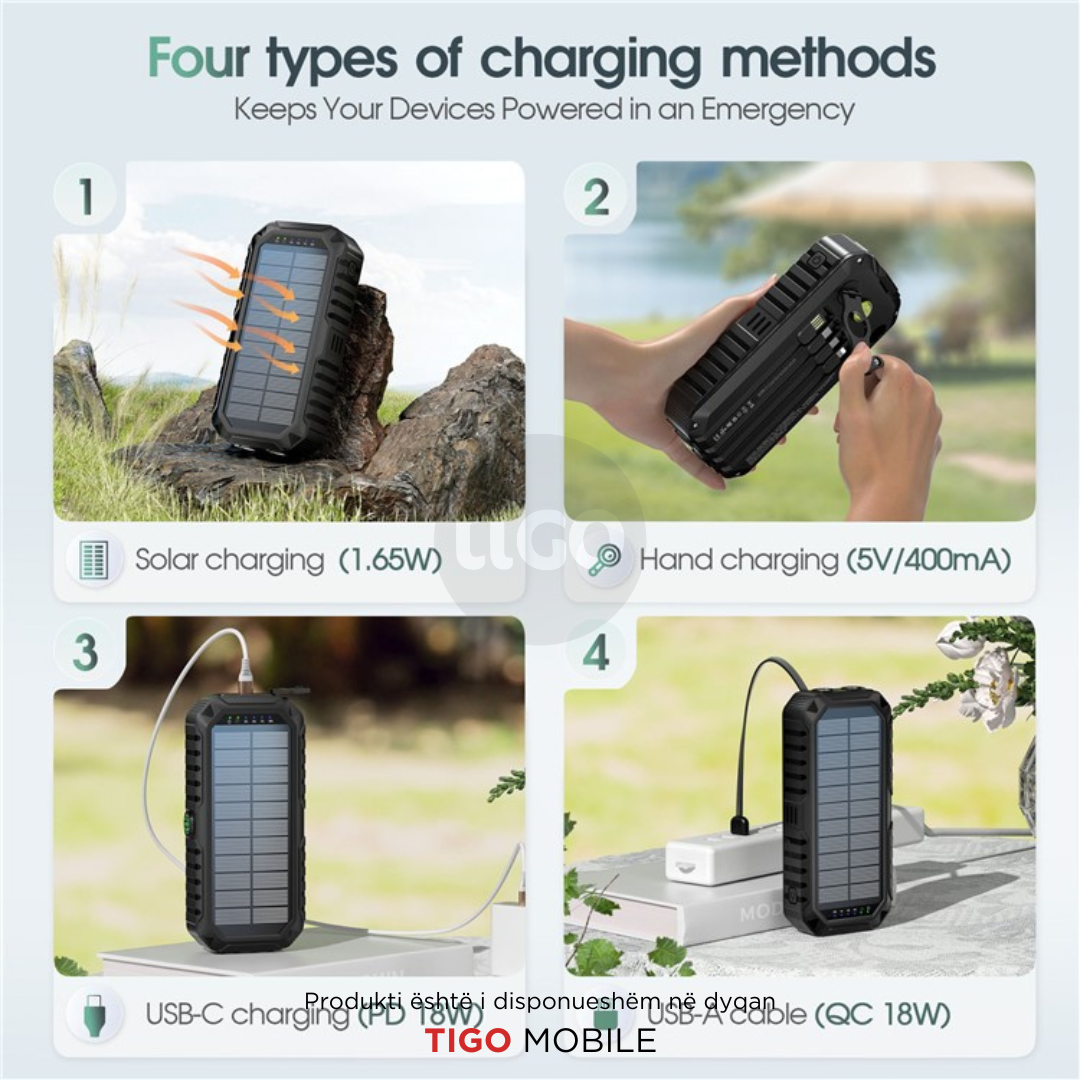 HS-43 Hand Crank Solar Power Bank 20000mAh – Me Drita, Busull dhe Karikim Diellor