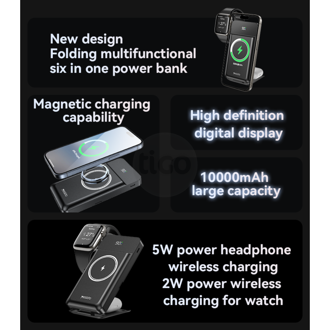 Power Bank Multifunksional 10000mAh me Karikim Wireless – Yesido YP69 USB &Type-C Multi Functional 15W Wireless Charging