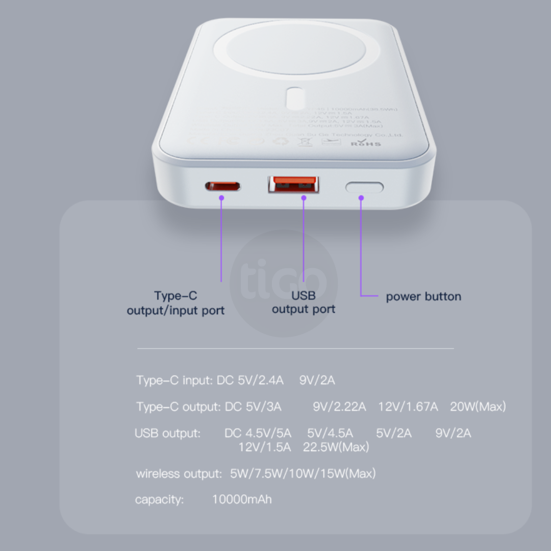 Yesido YP45 – Power Bank 10000mAh me Karikim Wireless Magnetik 22.5W dhe Mbajtëse e Palosshme