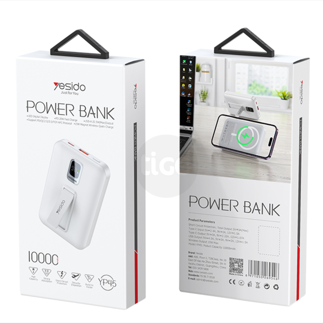 Yesido YP45 – Power Bank 10000mAh me Karikim Wireless Magnetik 22.5W dhe Mbajtëse e Palosshme
