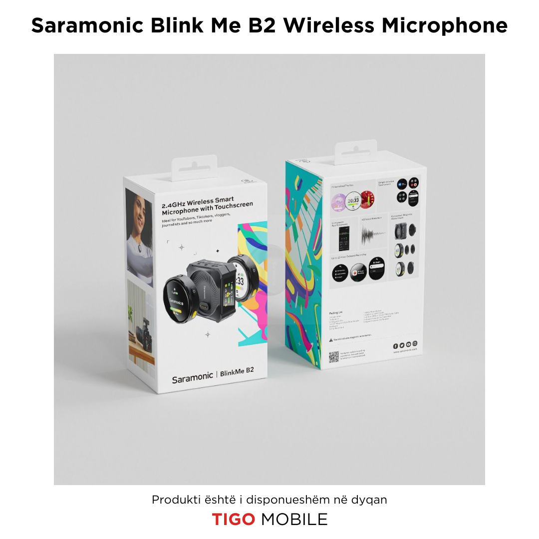 Saramonic Blink Me B2 Wireless Microphone - Mikrofon Wireless Profesional me Dy Transmetues dhe Ekran Touch