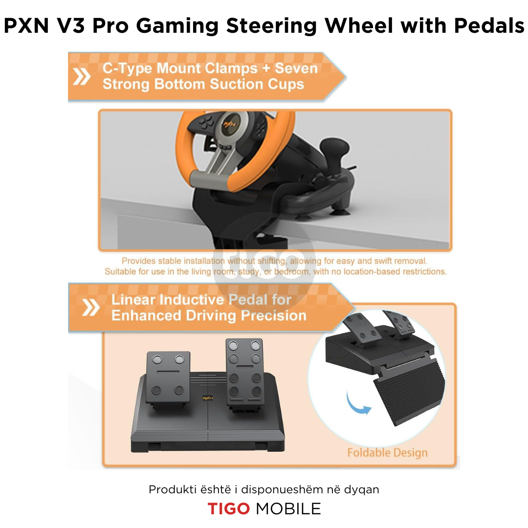 Timon dhe Pedale PXN V3 Pro - PS4, Xbox One, PC, Xbox Series X|S, PS3 | Gaming Racing Wheel
