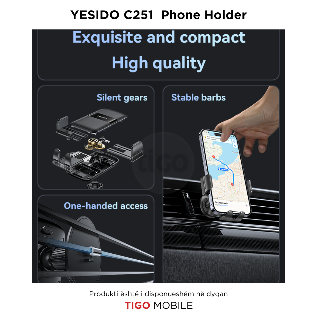 Mbajtëse Telefoni për Makinë – Rrotullim i Plotë 360°, Kapje dhe Mbyllje Automatike - 360 Free Rotation One-second Automatic Clamping Auto-locking High Quality Air Vent Phone Holder C251