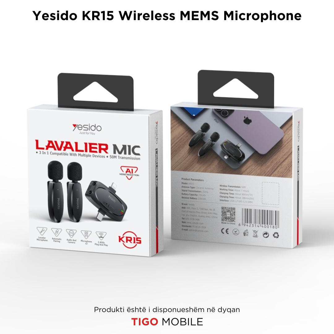 Yesido KR15 – Mikrofon Wireless MEMS me Dy Transmetues dhe Port 2 në 1