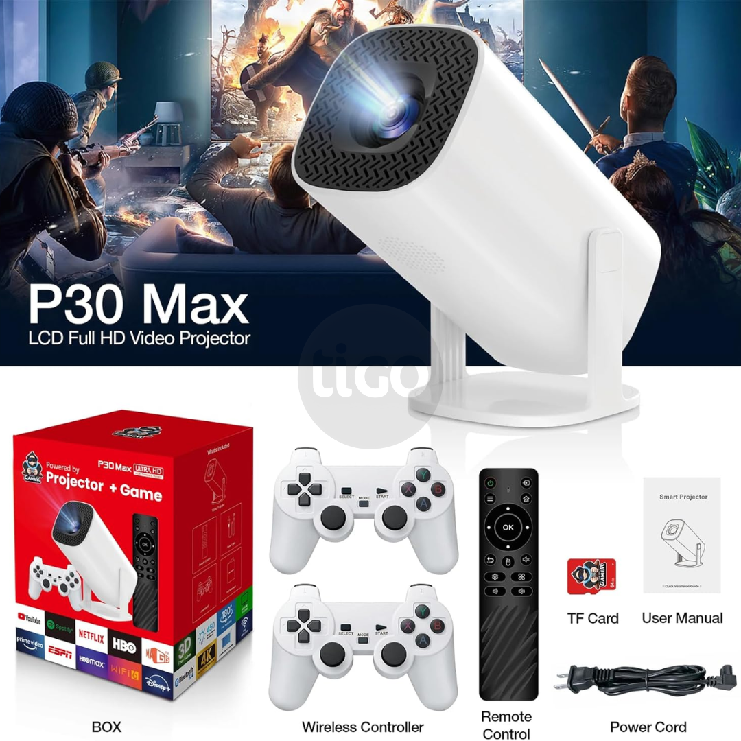 Projektor P30 MAX me 2 gamepad Android 11 Wifi6 BT Home Theater, Zyrë, Projektor portativ 4K HD për ambiente të jashtme (35000+ lojëra)