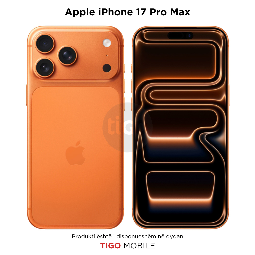 Orange Apple iPhone 17 Pro Max with back and side views on a white background, featuring Tigo Mobile branding.