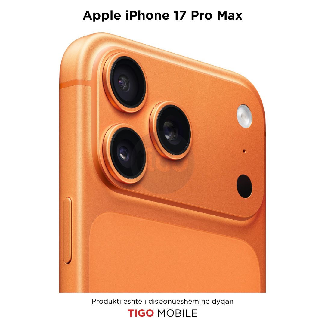 Orange Apple iPhone 17 Pro Max with camera details on a white background