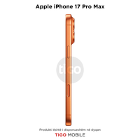 Side view of an orange Apple iPhone 17 Pro Max on a white background with Tigo Mobile branding.