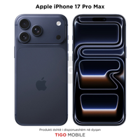 Black Apple iPhone 17 Pro Max showing front and back on a white background with Tigo Mobile branding.
