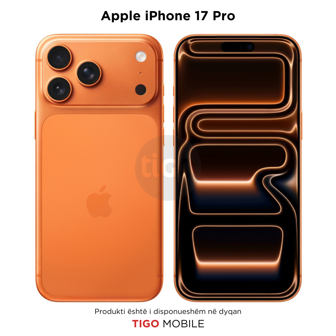 Orange Apple iPhone 17 Pro showing back and side views with Tigo Mobile branding.