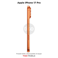 Side view of an orange Apple iPhone 17 Pro on a white background with Tigo Mobile branding.