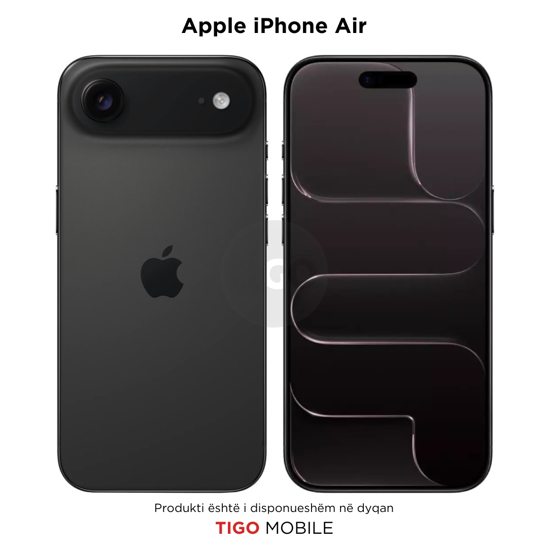 Black Apple iPhone Air with back and front views on a white background, featuring Tigo Mobile branding.