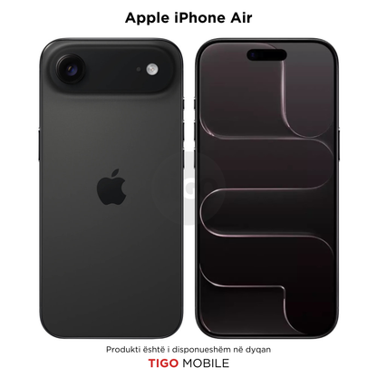 Black Apple iPhone Air with back and front views on a white background, featuring Tigo Mobile branding.