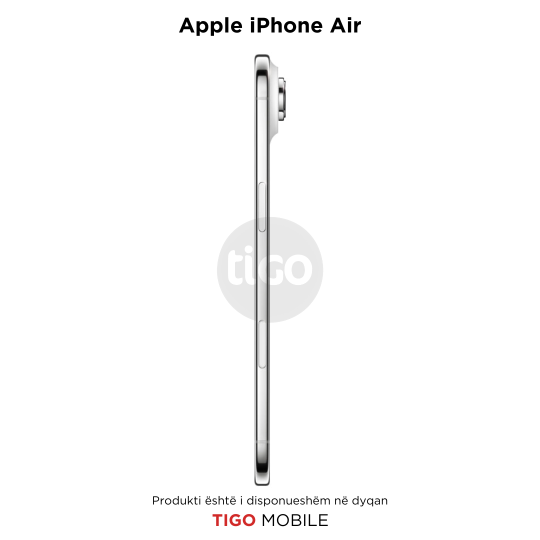 Side view of an Apple iPhone Air with Tigo logo and text on a white background