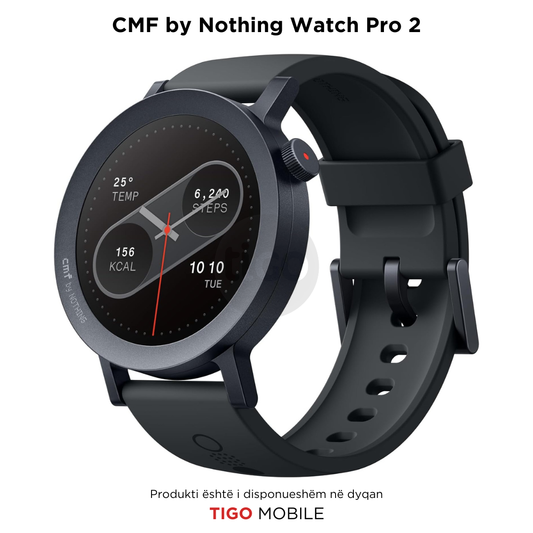 Black smartwatch with display showing time and health metrics on a white background, branded 'CMF by Nothing Watch Pro 2' and 'Tigo Mobile'.