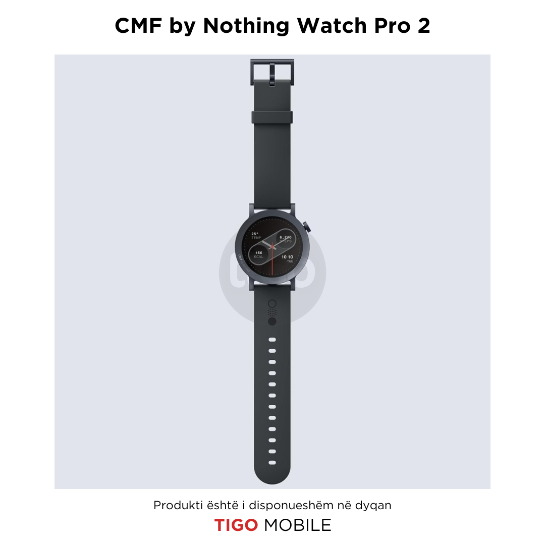 Smartwatch with black band on a light gray background, branded as CMF by Nothing Watch Pro 2.