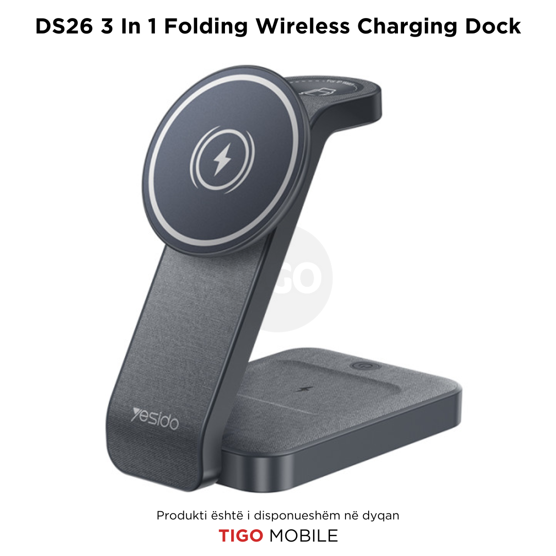 Yesido DS26 – Karikues Wireless 3-në-1 për Telefon, Orë & Kufje me Dritë Nate dhe Dizajn të Palosshëm