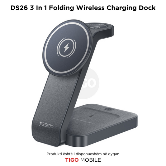 Yesido DS26 – Karikues Wireless 3-në-1 për Telefon, Orë & Kufje me Dritë Nate dhe Dizajn të Palosshëm