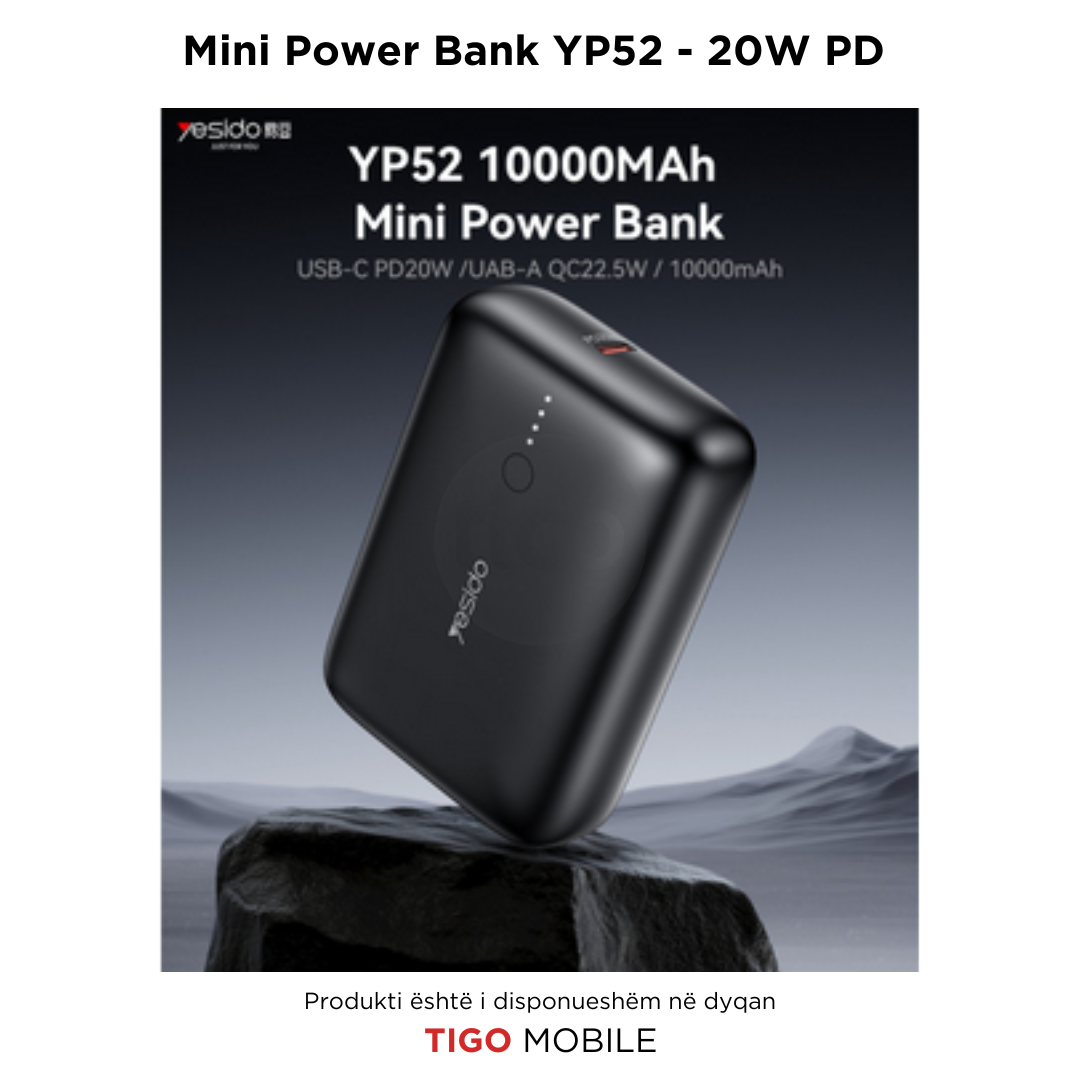 Black power bank with specifications on a dark background