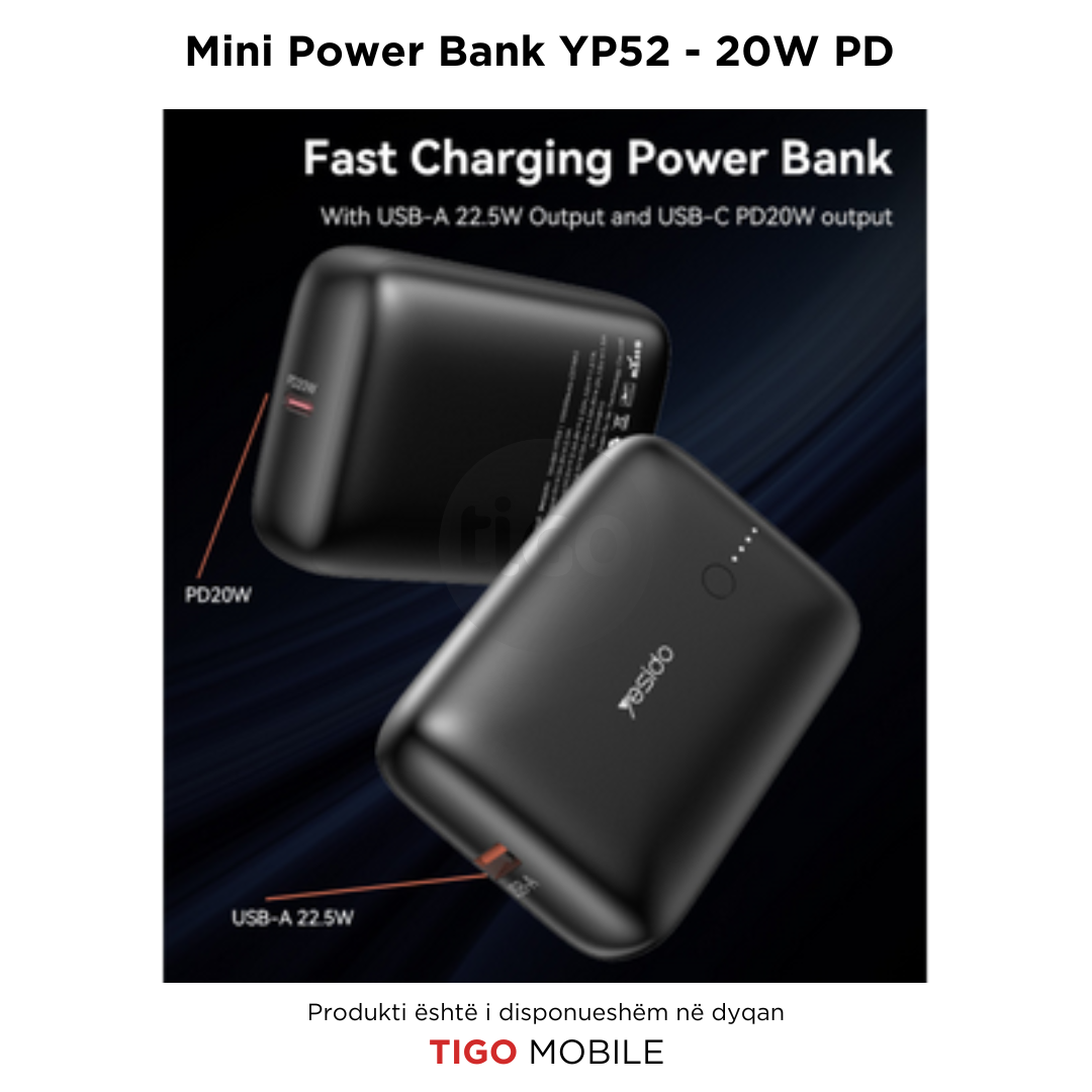 Black power bank with Tigo branding on a dark background