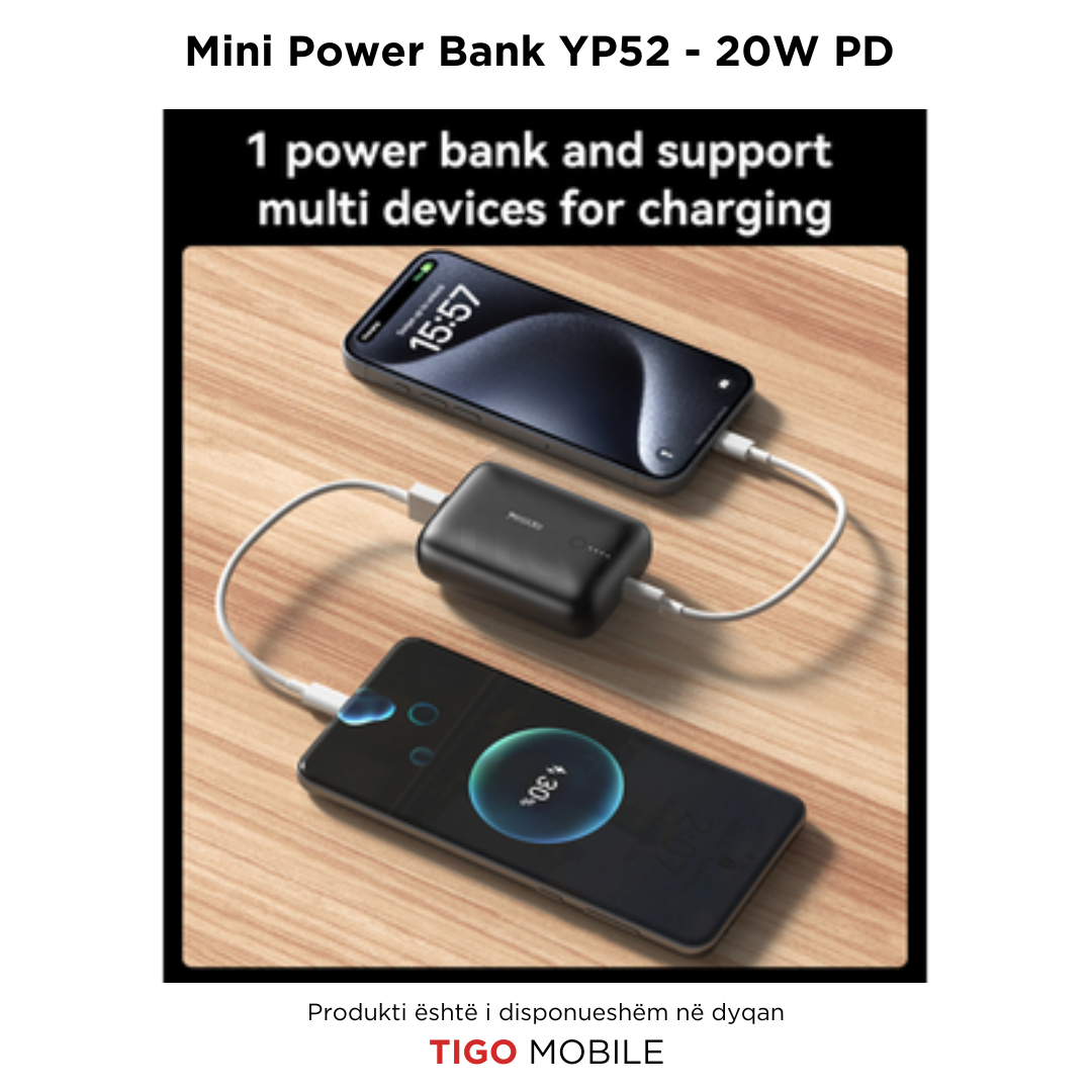 Mini power bankYP52 charging two smartphones on a wooden surface with Tigo Mobile branding.