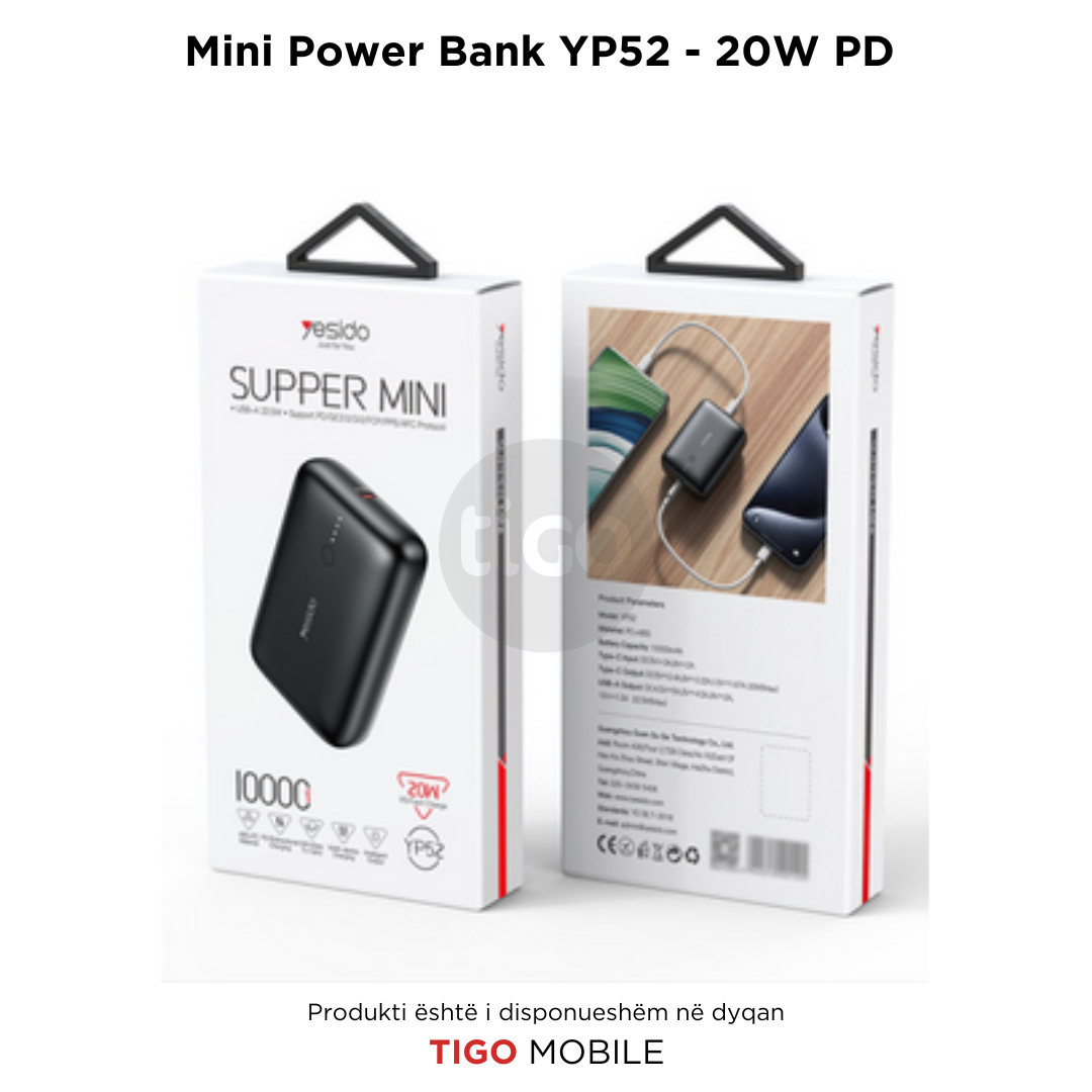 Packaging of a mini power bank with Tigo Mobile branding.