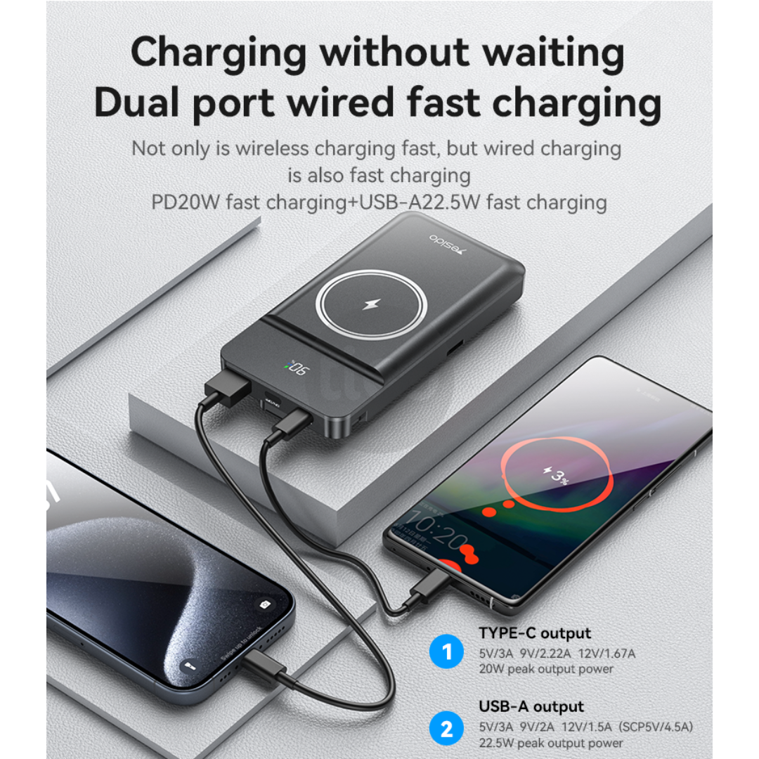 Power Bank Multifunksional 10000mAh me Karikim Wireless – Yesido YP69  USB &Type-C Multi Functional 15W Wireless Charging