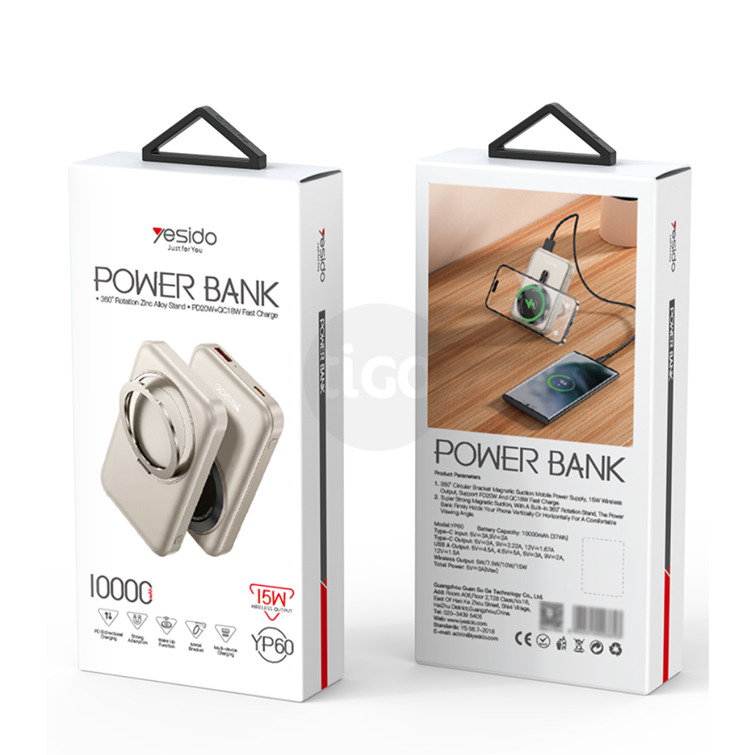 Yesido YP60 – Power Bank 10000mAh 22.5W & Karikim Wireless Magnetik 15W dhe Mbajtëse Rrotulluese