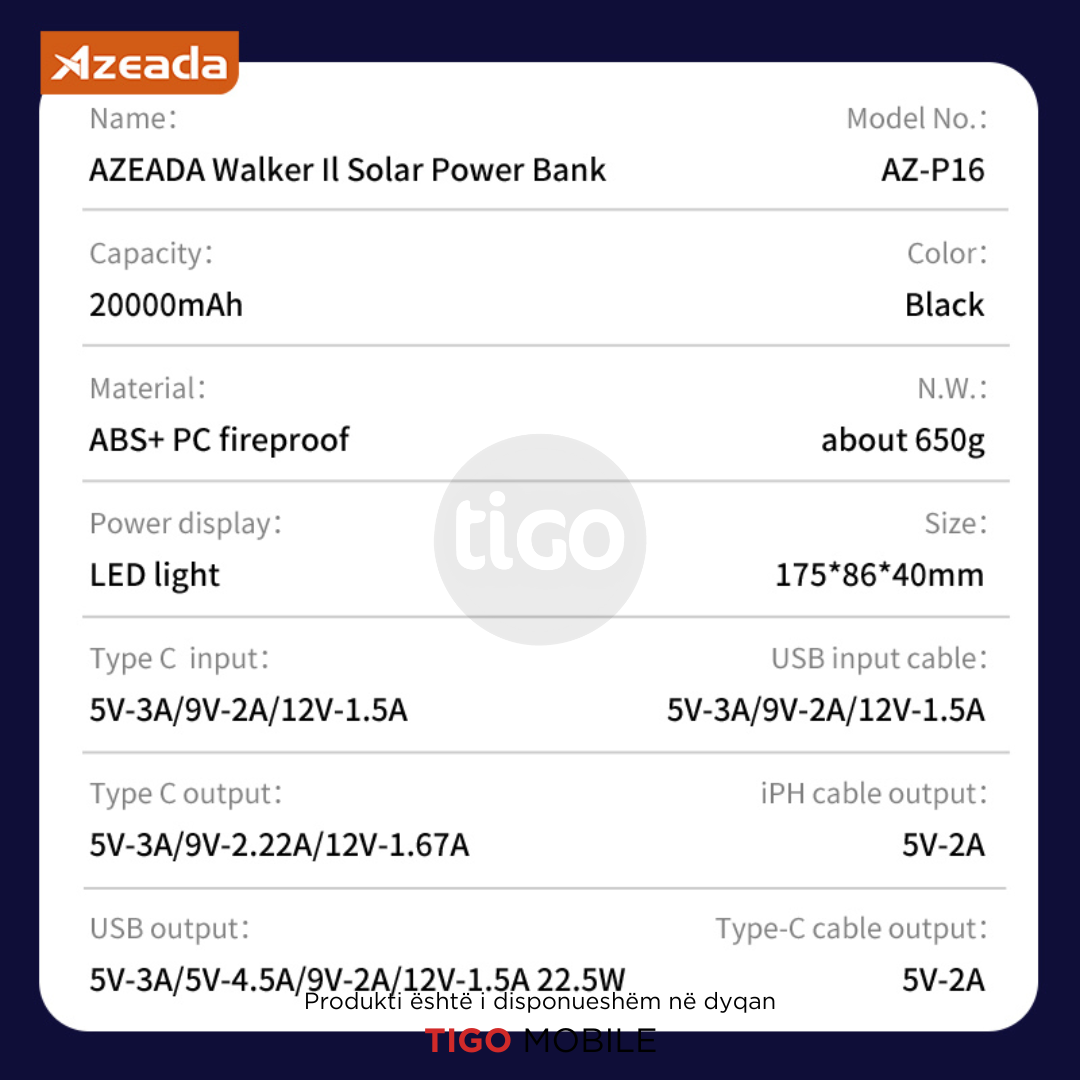 Azeada Walker II -  20000mAh Solar Power Bank AZ-P16