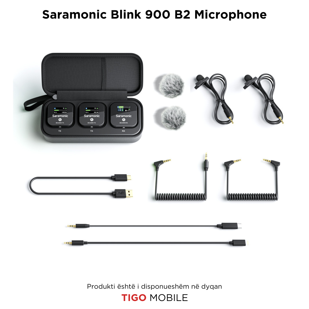 Saramonic Blink 900 B2 – Sistem Wireless me Mikrofon Lavalier për 2 Persona dhe Kuti Karikimi