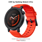 Smartwatch with red band and black display on a white background, branded as CMF by Nothing Watch 3 Pro.