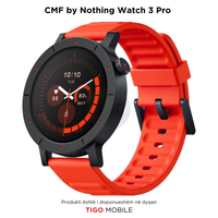 Smartwatch with red band and black display on a white background, branded as CMF by Nothing Watch 3 Pro.
