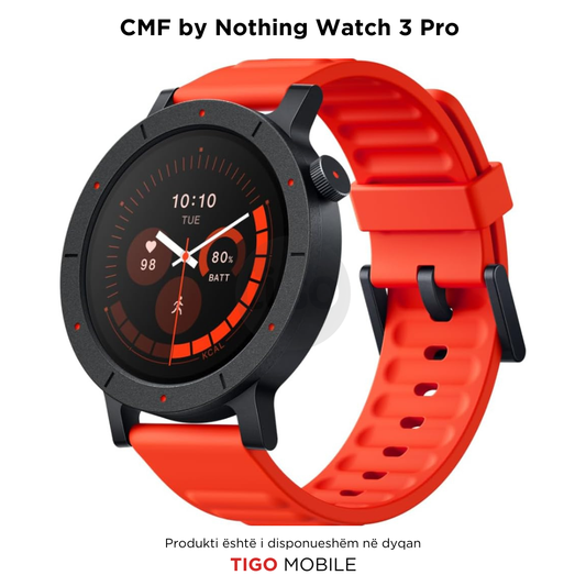 Smartwatch with red band and black display on a white background, branded as CMF by Nothing Watch 3 Pro.