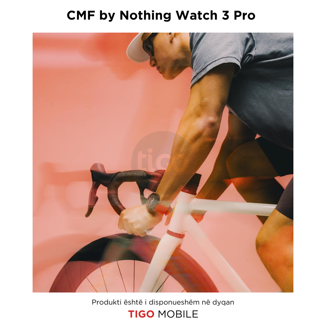 Person riding a bicycle with 'CMF by Nothing Watch 3 Pro' text and 'Tigo Mobile' branding.