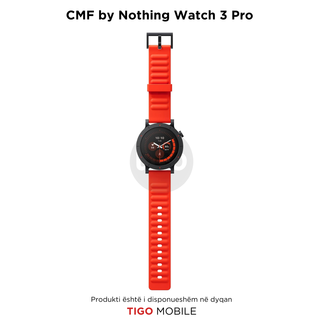 Smartwatch with red strap on a white background, branded as CMF by Nothing Watch 3 Pro.