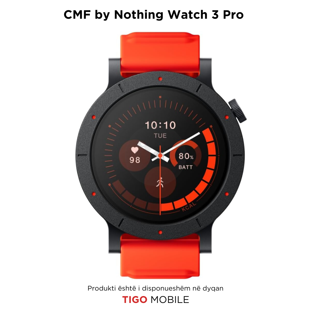 Smartwatch with red band on a white background, branded as CMF by Nothing Watch 3 Pro.