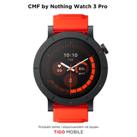 Smartwatch with red band on a white background, branded as CMF by Nothing Watch 3 Pro.