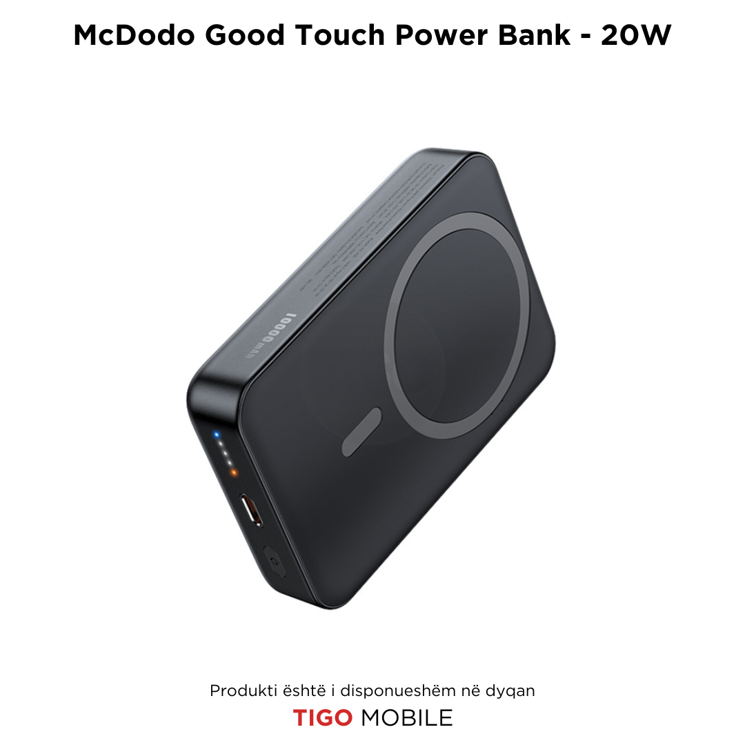 Black power bank with 'McDodo Good Touch' branding on a white background