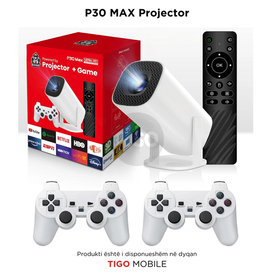 Projektor P30 MAX me 2 gamepad Android 11 Wifi6 BT Home Theater, Zyrë, Projektor portativ 4K HD për ambiente të jashtme (35000+ lojëra)