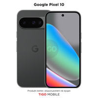 Google Pixel 10 smartphone showing front and back on a white background with Tigo Mobile branding.