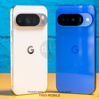Two smartphones, one white and one blue, with Google logo on a blue and yellow gradient background. Tigo Mobile branding is visible.