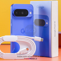 Blue smartphone with packaging and Tigo and Google branding on a colorful background